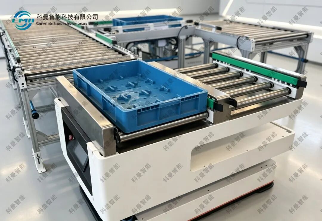 智能输送系统与输送线、料箱自动对接的作业实景